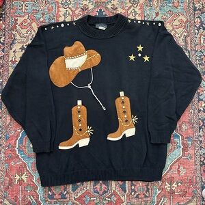 Vintage Bedazzled Western Cowgirl Sweater w/Suede Hat and Boot Appliqué size L